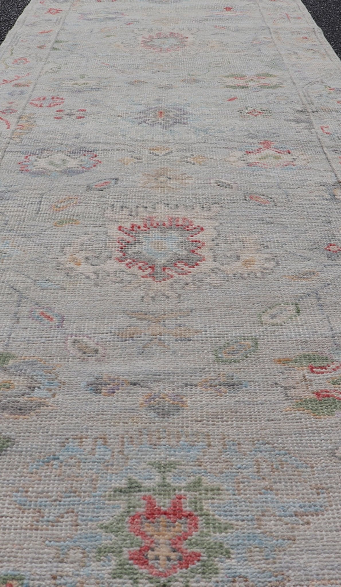 Measures: 2'6 x 7'10 Modern Oushak Runner with Floral Motifs in Warm Green, Yellow, and Red. Keivan Woven Arts; rug AWR - 12462 Country of Origin: Afghanistan Type: Oushak Circa 2020 - . Color tones such as cream, taupe, light blue, light green, ora... - Keivan Woven ArtsAWR - 12462 - 23288Rug
