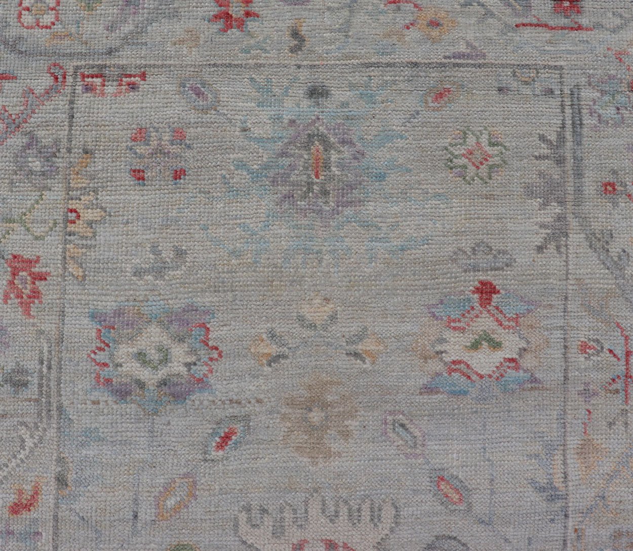 Measures: 2'6 x 7'10 Modern Oushak Runner with Floral Motifs in Warm Green, Yellow, and Red. Keivan Woven Arts; rug AWR - 12462 Country of Origin: Afghanistan Type: Oushak Circa 2020 - . Color tones such as cream, taupe, light blue, light green, ora... - Keivan Woven ArtsAWR - 12462 - 23288Rug