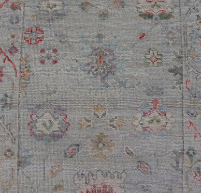 Measures: 2'6 x 7'10 Modern Oushak Runner with Floral Motifs in Warm Green, Yellow, and Red. Keivan Woven Arts; rug AWR - 12462 Country of Origin: Afghanistan Type: Oushak Circa 2020 - . Color tones such as cream, taupe, light blue, light green, ora... - Keivan Woven ArtsAWR - 12462 - 23288Rug