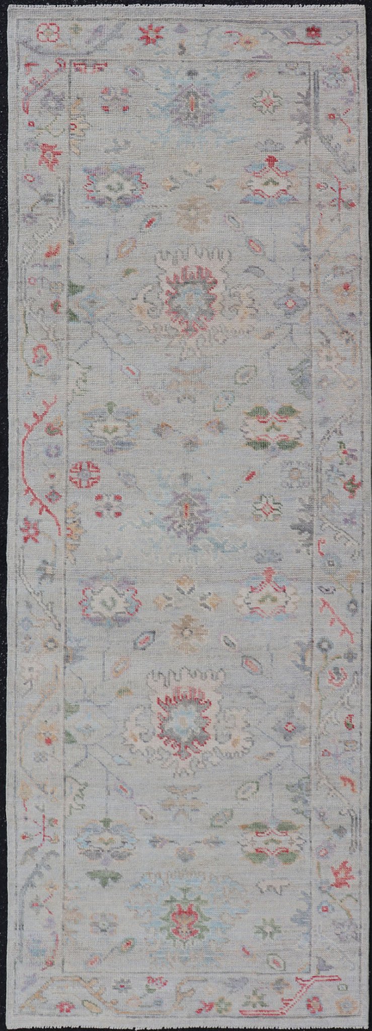 Measures: 2'6 x 7'10 Modern Oushak Runner with Floral Motifs in Warm Green, Yellow, and Red. Keivan Woven Arts; rug AWR - 12462 Country of Origin: Afghanistan Type: Oushak Circa 2020 - . Color tones such as cream, taupe, light blue, light green, ora... - Keivan Woven ArtsAWR - 12462 - 23288Rug