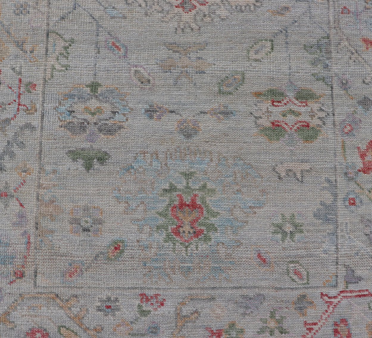 Measures: 2'6 x 7'10 Modern Oushak Runner with Floral Motifs in Warm Green, Yellow, and Red. Keivan Woven Arts; rug AWR - 12462 Country of Origin: Afghanistan Type: Oushak Circa 2020 - . Color tones such as cream, taupe, light blue, light green, ora... - Keivan Woven ArtsAWR - 12462 - 23288Rug