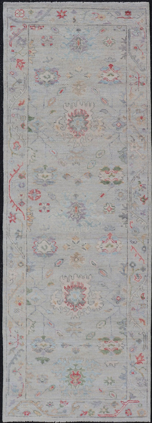 Measures: 2'6 x 7'10 Modern Oushak Runner with Floral Motifs in Warm Green, Yellow, and Red. Keivan Woven Arts; rug AWR - 12462 Country of Origin: Afghanistan Type: Oushak Circa 2020 - . Color tones such as cream, taupe, light blue, light green, ora... - Keivan Woven ArtsAWR - 12462 - 23288