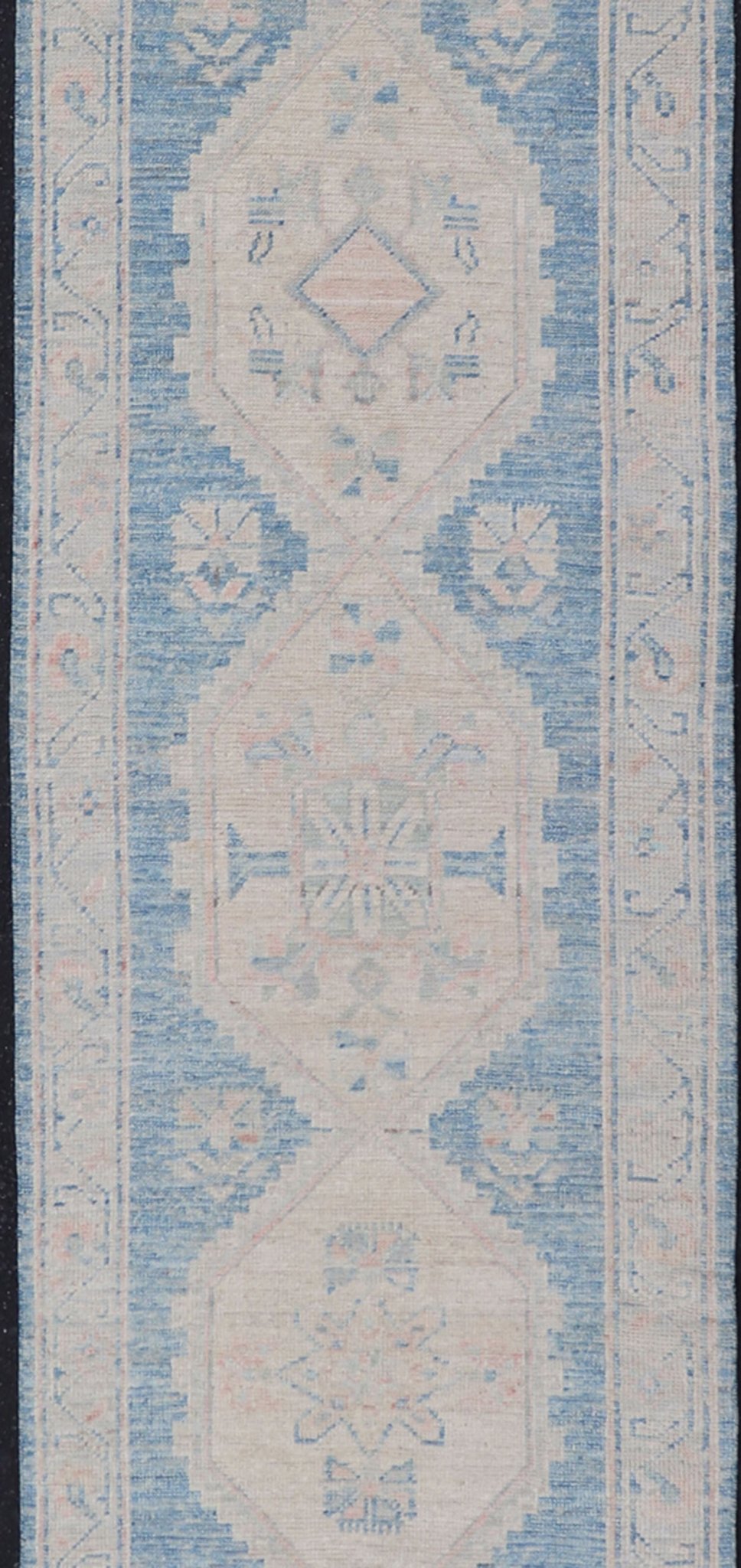 Oushak Modern Runner with Medallion Design In Shades of Blue and Cream. Measures: 2'10 x 12'6 Oushak Modern Runner with Medallion Design In Shades of Blue and Cream. Keivan Woven Arts; rug AWR - 12483 Country of Origin: Afghanistan Type: Oushak D... - Keivan Woven ArtsAWR - 12483 - 23294Rug