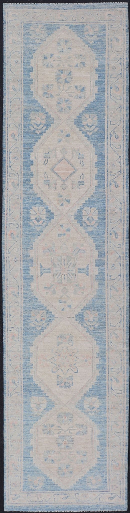 Oushak Modern Runner with Medallion Design In Shades of Blue and Cream. Measures: 2'10 x 12'6 Oushak Modern Runner with Medallion Design In Shades of Blue and Cream. Keivan Woven Arts; rug AWR - 12483 Country of Origin: Afghanistan Type: Oushak D... - Keivan Woven ArtsAWR - 12483 - 23294Rug