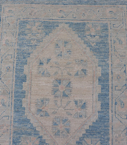 Oushak Modern Runner with Medallion Design In Shades of Blue and Cream. Measures: 2'10 x 12'6 Oushak Modern Runner with Medallion Design In Shades of Blue and Cream. Keivan Woven Arts; rug AWR - 12483 Country of Origin: Afghanistan Type: Oushak D... - Keivan Woven ArtsAWR - 12483 - 23294Rug