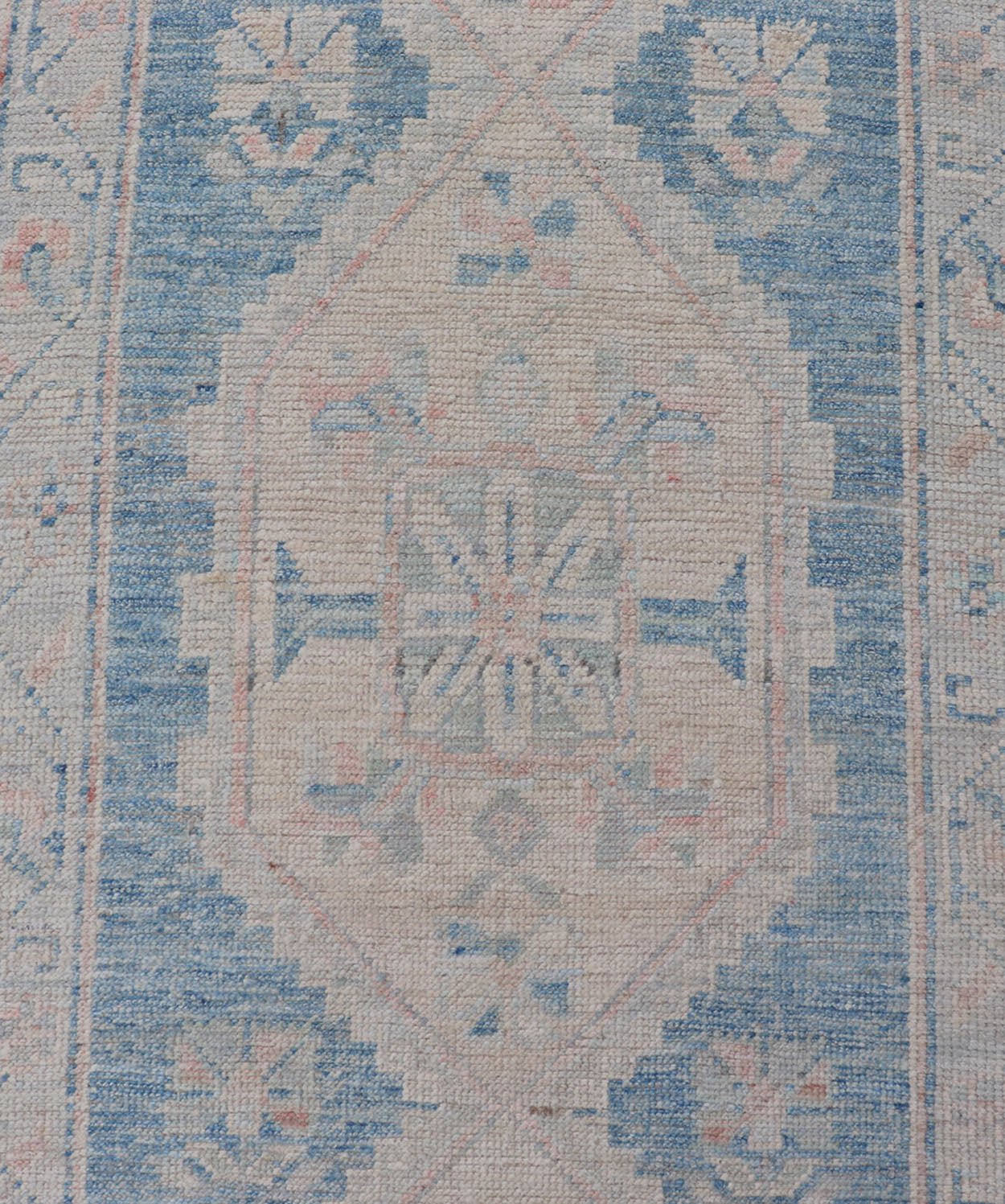 Oushak Modern Runner with Medallion Design In Shades of Blue and Cream. Measures: 2'10 x 12'6 Oushak Modern Runner with Medallion Design In Shades of Blue and Cream. Keivan Woven Arts; rug AWR - 12483 Country of Origin: Afghanistan Type: Oushak D... - Keivan Woven ArtsAWR - 12483 - 23294Rug