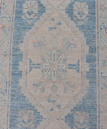 Oushak Modern Runner with Medallion Design In Shades of Blue and Cream. Measures: 2'10 x 12'6 Oushak Modern Runner with Medallion Design In Shades of Blue and Cream. Keivan Woven Arts; rug AWR - 12483 Country of Origin: Afghanistan Type: Oushak D... - Keivan Woven ArtsAWR - 12483 - 23294Rug
