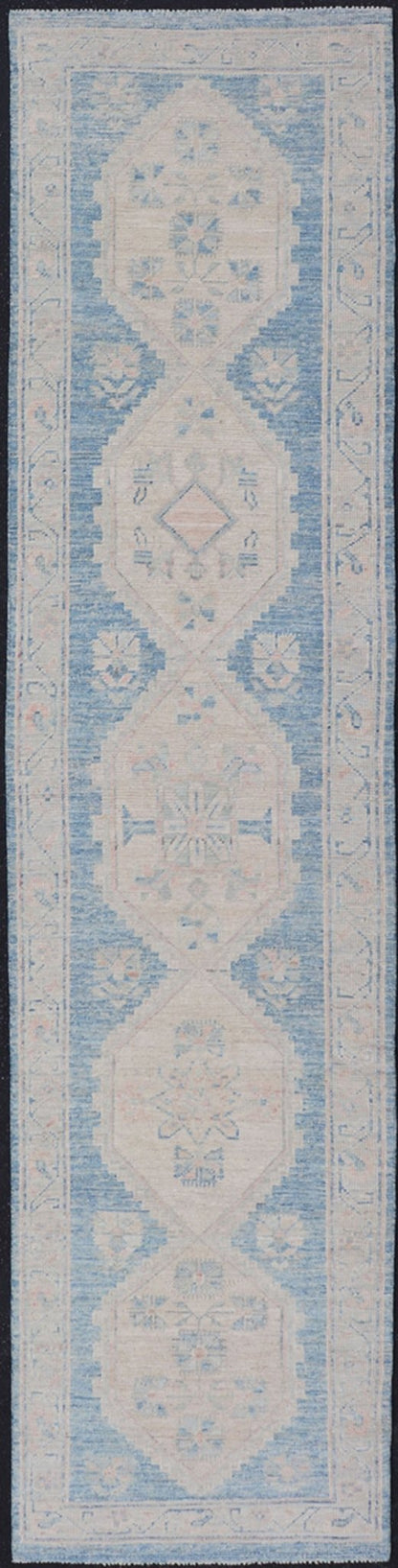Oushak Modern Runner with Medallion Design In Shades of Blue and Cream. Measures: 2'10 x 12'6 Oushak Modern Runner with Medallion Design In Shades of Blue and Cream. Keivan Woven Arts; rug AWR - 12483 Country of Origin: Afghanistan Type: Oushak D... - Keivan Woven ArtsAWR - 12483 - 23294