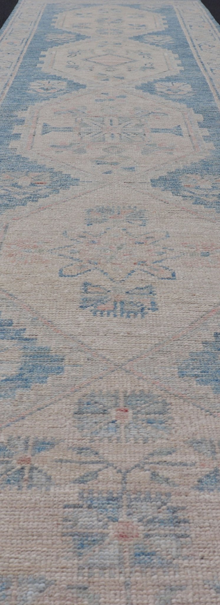 Oushak Modern Runner with Medallion Design In Shades of Blue and Cream. Measures: 2'10 x 12'6 Oushak Modern Runner with Medallion Design In Shades of Blue and Cream. Keivan Woven Arts; rug AWR - 12483 Country of Origin: Afghanistan Type: Oushak D... - Keivan Woven ArtsAWR - 12483 - 23294