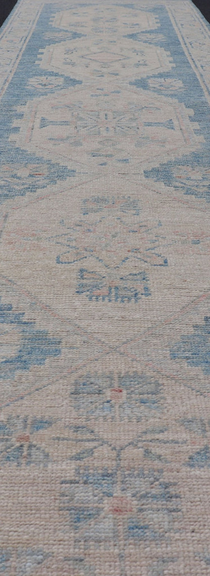 Oushak Modern Runner with Medallion Design In Shades of Blue and Cream. Measures: 2'10 x 12'6 Oushak Modern Runner with Medallion Design In Shades of Blue and Cream. Keivan Woven Arts; rug AWR - 12483 Country of Origin: Afghanistan Type: Oushak D... - Keivan Woven ArtsAWR - 12483 - 23294