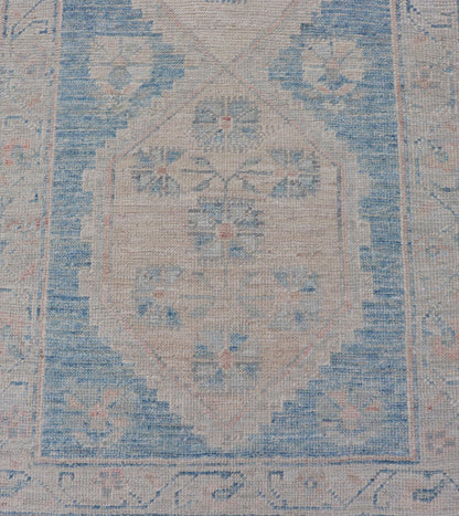 Oushak Modern Runner with Medallion Design In Shades of Blue and Cream. Measures: 2'10 x 12'6 Oushak Modern Runner with Medallion Design In Shades of Blue and Cream. Keivan Woven Arts; rug AWR - 12483 Country of Origin: Afghanistan Type: Oushak D... - Keivan Woven ArtsAWR - 12483 - 23294