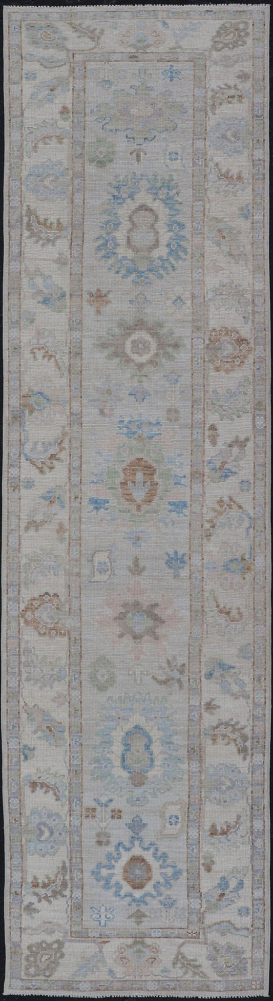 Measures: 3'1 x 12'3 Modern Oushak Runner on Light Cream Field and Colorful Motifs Of Blue & Green. Keivan Woven Arts; rug AWR - 12500 Country of Origin: Afghanistan Type: Oushak Design: Floral, All - Over Floral 21st Century This Oushak runner... - Keivan Woven ArtsAWR - 12500 - 23300