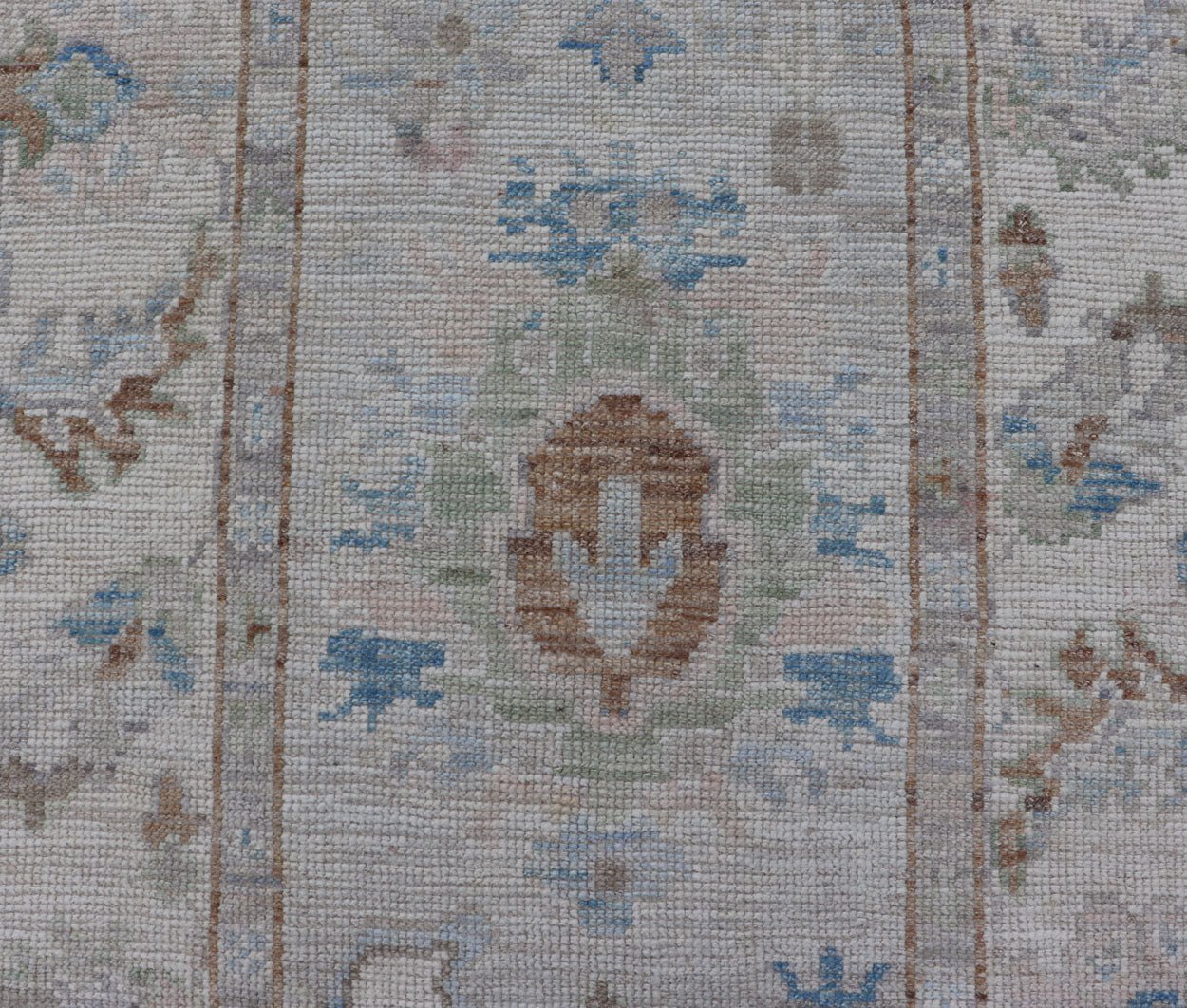 Measures: 3'1 x 12'3 Modern Oushak Runner on Light Cream Field and Colorful Motifs Of Blue & Green. Keivan Woven Arts; rug AWR - 12500 Country of Origin: Afghanistan Type: Oushak Design: Floral, All - Over Floral 21st Century This Oushak runner... - Keivan Woven ArtsAWR - 12500 - 23300Rug