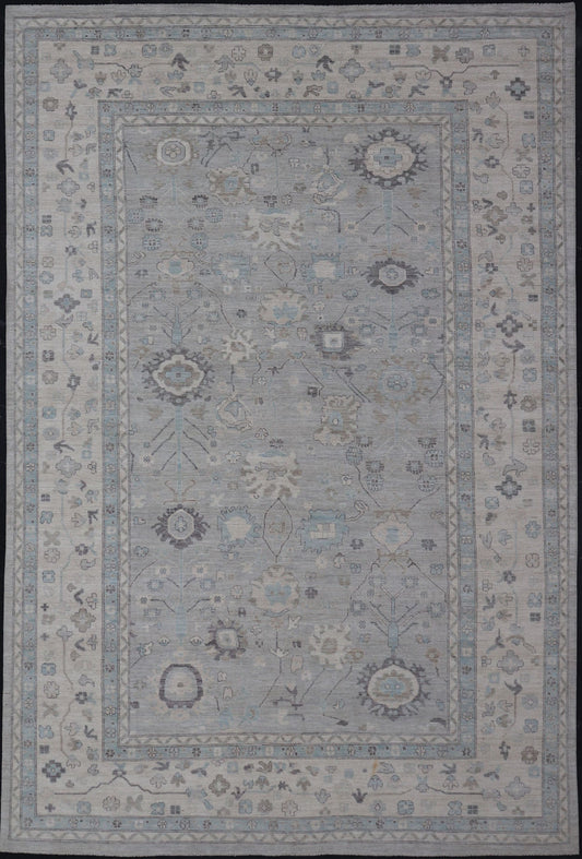 Measures: 13'4 x 19'3 Large Modern Oushak Design in Light Blue, Grey, with Light Cream Background. Keivan Woven Arts; rug AWR - 12521 Country of Origin: Afghanistan Type: Oushak Design: All - Over, Floral. This rustic piece holds charm within a powd... - Keivan Woven ArtsAWR - 12521 - 23402Rug