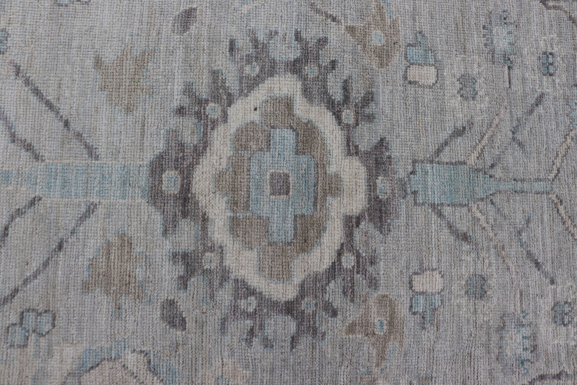 Measures: 13'4 x 19'3 Large Modern Oushak Design in Light Blue, Grey, with Light Cream Background. Keivan Woven Arts; rug AWR - 12521 Country of Origin: Afghanistan Type: Oushak Design: All - Over, Floral. This rustic piece holds charm within a powd... - Keivan Woven ArtsAWR - 12521 - 23402
