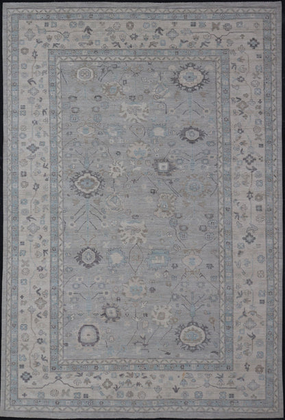 Measures: 13'4 x 19'3 Large Modern Oushak Design in Light Blue, Grey, with Light Cream Background. Keivan Woven Arts; rug AWR - 12521 Country of Origin: Afghanistan Type: Oushak Design: All - Over, Floral. This rustic piece holds charm within a powd... - Keivan Woven ArtsAWR - 12521 - 23402