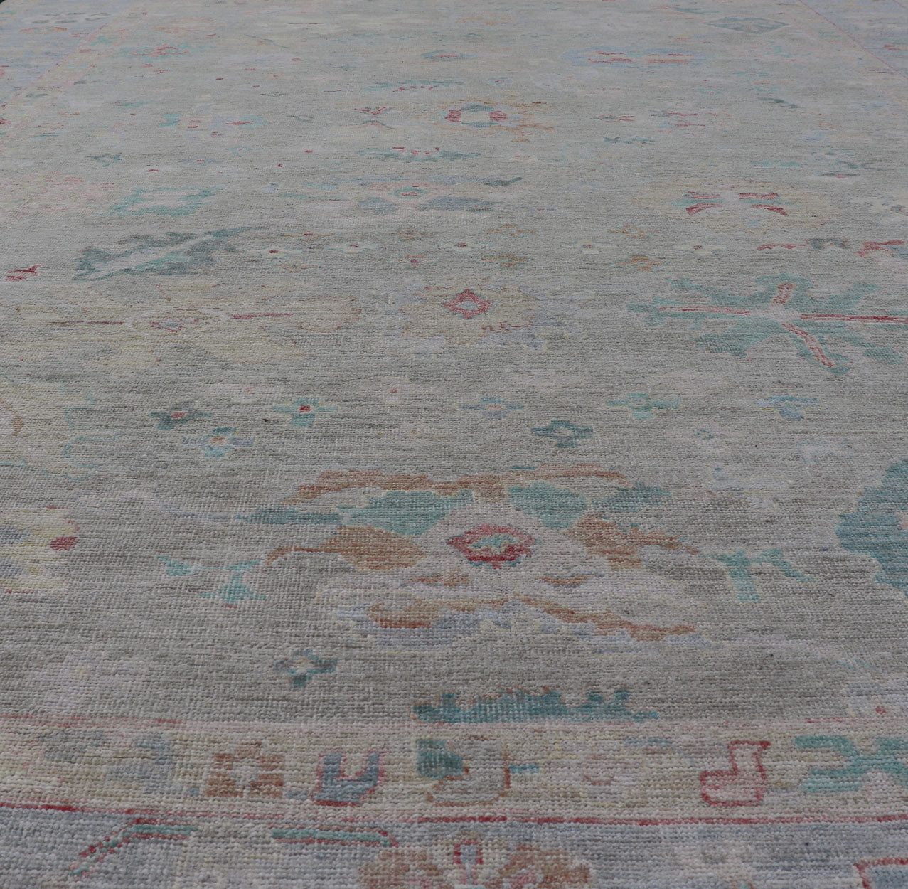Measures: 9'10 x 13'11 Modern Oushak Floral Motif Design In Light Green Background and Colorful Design. Keivan Woven Arts; rug AWR - 12576 Country of Origin: Afghanistan Type: Oushak Design: Mosaic Floral, All - Over. The border and field are covered... - Keivan Woven ArtsAWR - 12576 - 23408Rug
