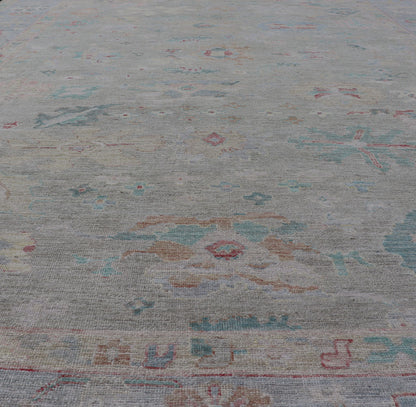 Measures: 9'10 x 13'11 Modern Oushak Floral Motif Design In Light Green Background and Colorful Design. Keivan Woven Arts; rug AWR - 12576 Country of Origin: Afghanistan Type: Oushak Design: Mosaic Floral, All - Over. The border and field are covered... - Keivan Woven ArtsAWR - 12576 - 23408Rug
