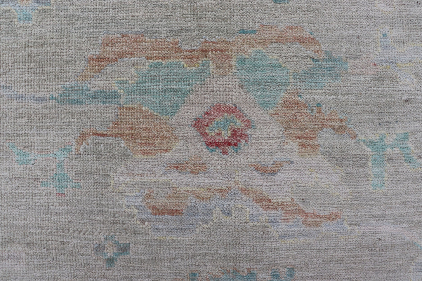 Measures: 9'10 x 13'11 Modern Oushak Floral Motif Design In Light Green Background and Colorful Design. Keivan Woven Arts; rug AWR - 12576 Country of Origin: Afghanistan Type: Oushak Design: Mosaic Floral, All - Over. The border and field are covered... - Keivan Woven ArtsAWR - 12576 - 23408Rug