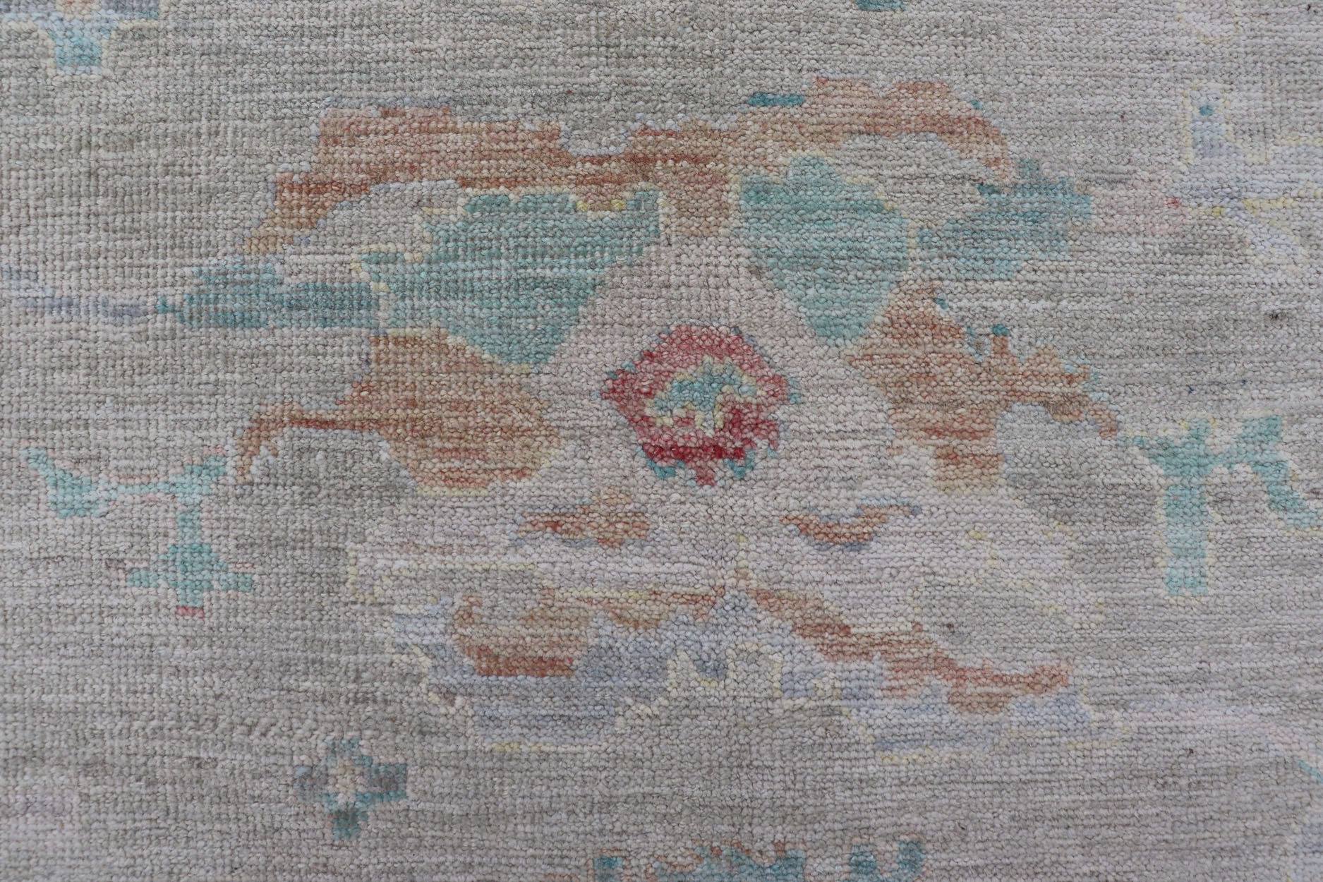 Measures: 9'10 x 13'11 Modern Oushak Floral Motif Design In Light Green Background and Colorful Design. Keivan Woven Arts; rug AWR - 12576 Country of Origin: Afghanistan Type: Oushak Design: Mosaic Floral, All - Over. The border and field are covered... - Keivan Woven ArtsAWR - 12576 - 23408Rug