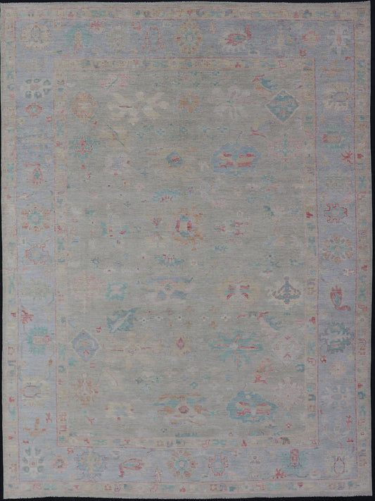 Measures: 9'10 x 13'11 Modern Oushak Floral Motif Design In Light Green Background and Colorful Design. Keivan Woven Arts; rug AWR - 12576 Country of Origin: Afghanistan Type: Oushak Design: Mosaic Floral, All - Over. The border and field are covered... - Keivan Woven ArtsAWR - 12576 - 23408Rug