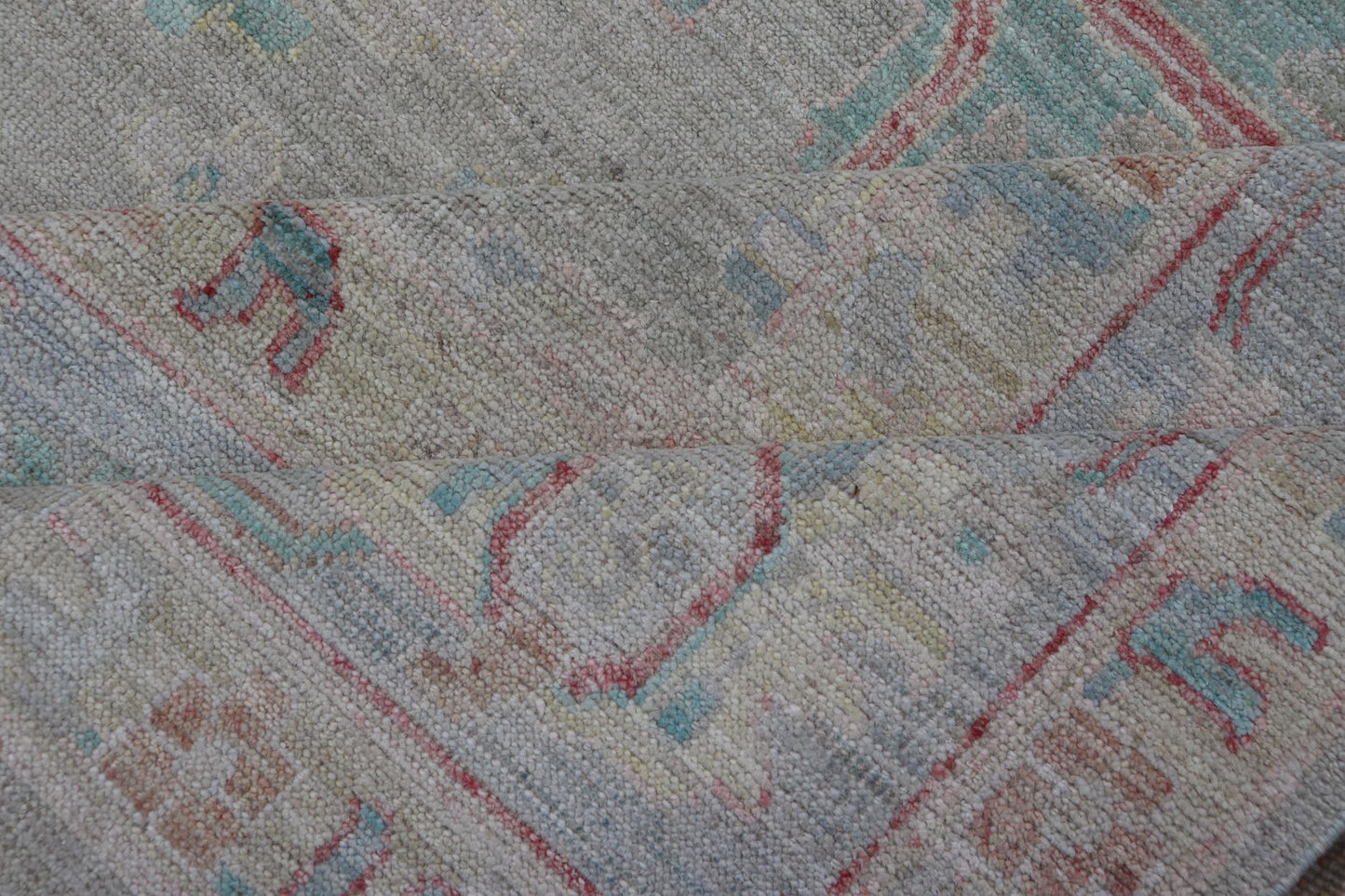 Measures: 9'10 x 13'11 Modern Oushak Floral Motif Design In Light Green Background and Colorful Design. Keivan Woven Arts; rug AWR - 12576 Country of Origin: Afghanistan Type: Oushak Design: Mosaic Floral, All - Over. The border and field are covered... - Keivan Woven ArtsAWR - 12576 - 23408Rug