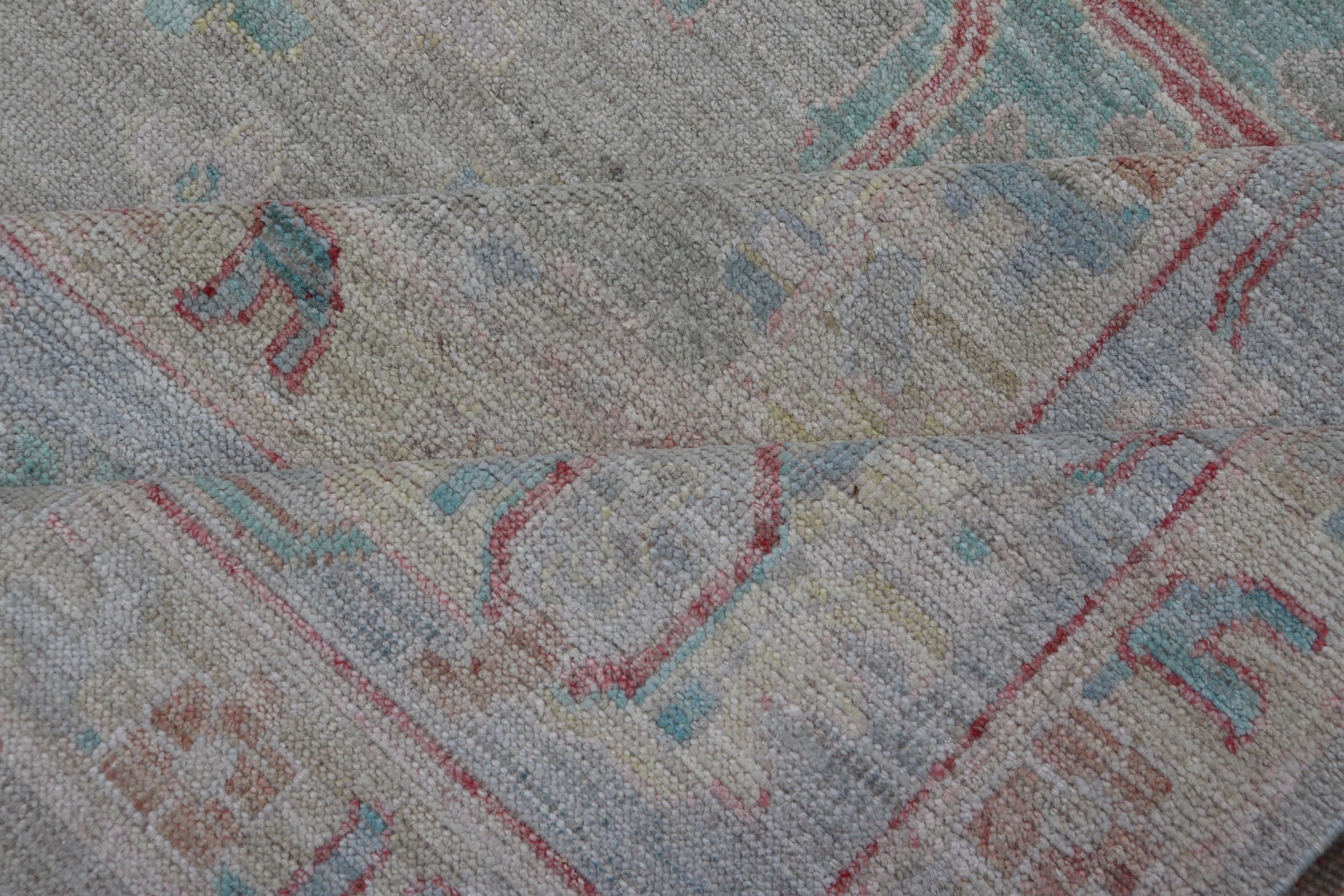 Measures: 9'10 x 13'11 Modern Oushak Floral Motif Design In Light Green Background and Colorful Design. Keivan Woven Arts; rug AWR - 12576 Country of Origin: Afghanistan Type: Oushak Design: Mosaic Floral, All - Over. The border and field are covered... - Keivan Woven ArtsAWR - 12576 - 23408Rug