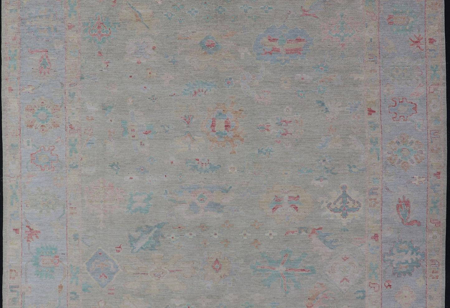 Measures: 9'10 x 13'11 Modern Oushak Floral Motif Design In Light Green Background and Colorful Design. Keivan Woven Arts; rug AWR - 12576 Country of Origin: Afghanistan Type: Oushak Design: Mosaic Floral, All - Over. The border and field are covered... - Keivan Woven ArtsAWR - 12576 - 23408Rug