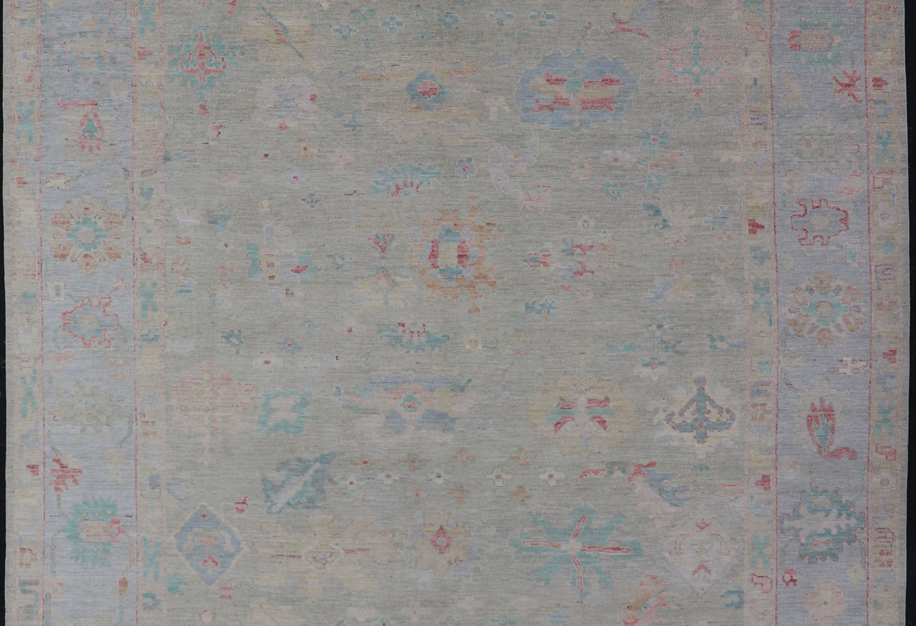 Measures: 9'10 x 13'11 Modern Oushak Floral Motif Design In Light Green Background and Colorful Design. Keivan Woven Arts; rug AWR - 12576 Country of Origin: Afghanistan Type: Oushak Design: Mosaic Floral, All - Over. The border and field are covered... - Keivan Woven ArtsAWR - 12576 - 23408Rug
