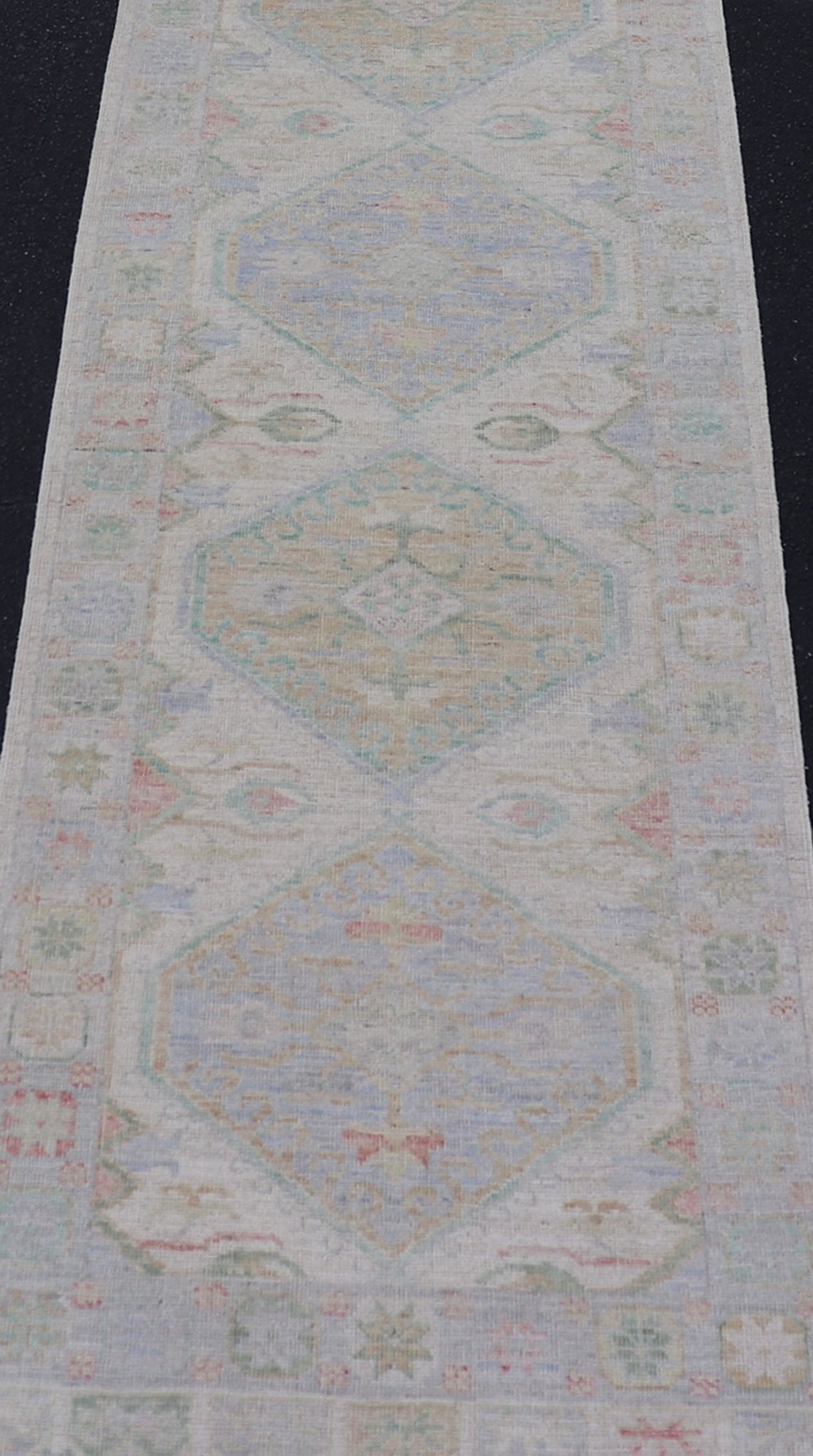 Measures: 3'2 x 16'6 Modern Oushak Runner Design In Cream Background and All - Over Design. Keivan Woven Arts; rug AWR - 12595 Country of Origin: Afghanistan Type: Oushak Design: Floral, All - Over This Oushak designed runner features a classic O... - Keivan Woven ArtsAWR - 12595 - 23312Rug