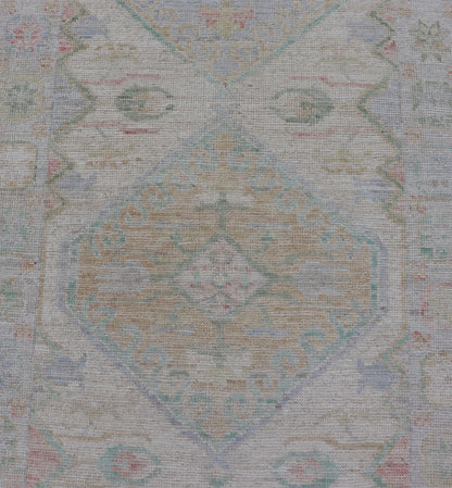 Measures: 3'2 x 16'6 Modern Oushak Runner Design In Cream Background and All - Over Design. Keivan Woven Arts; rug AWR - 12595 Country of Origin: Afghanistan Type: Oushak Design: Floral, All - Over This Oushak designed runner features a classic O... - Keivan Woven ArtsAWR - 12595 - 23312
