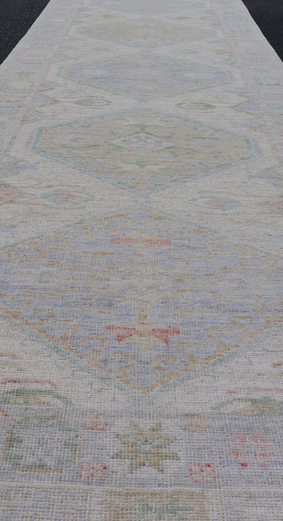 Measures: 3'2 x 16'6 Modern Oushak Runner Design In Cream Background and All - Over Design. Keivan Woven Arts; rug AWR - 12595 Country of Origin: Afghanistan Type: Oushak Design: Floral, All - Over This Oushak designed runner features a classic O... - Keivan Woven ArtsAWR - 12595 - 23312