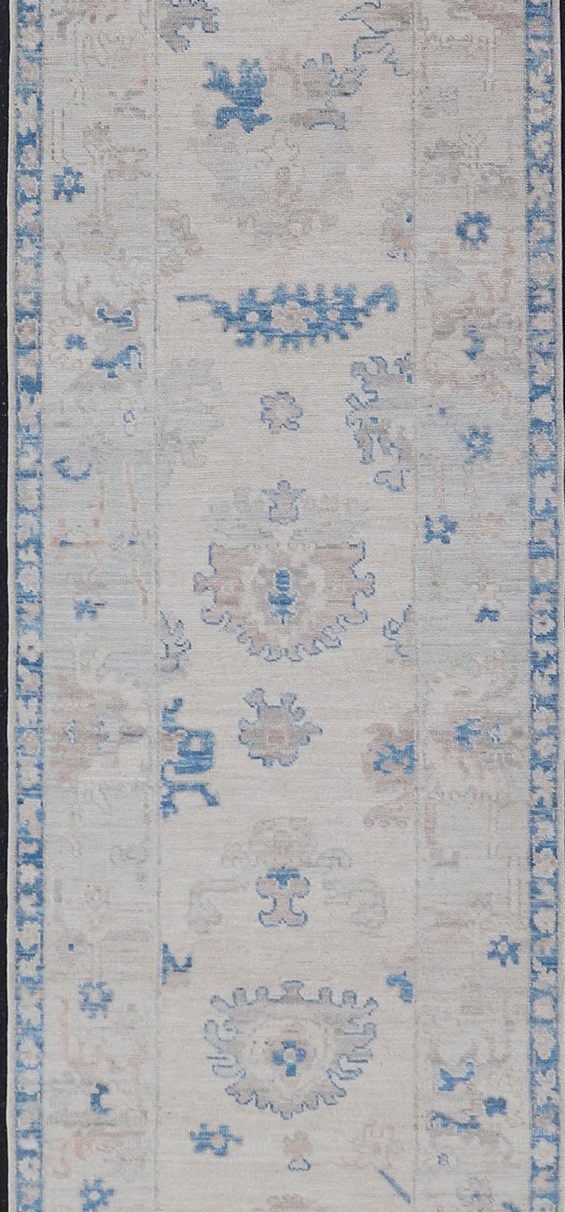 Measures: 2'11 x 12'11 Modern Oushak All - Over Floral Design Runner In Cream, Tan, and Blue. Keivan Woven Arts; rug AWR - 12597 Country of Origin: Afghanistan Type: Oushak Circa 2020 Key Words: Medallion Oushak Runner. This runner starts in th... - Keivan Woven ArtsAWR - 12597 - 23318Rug