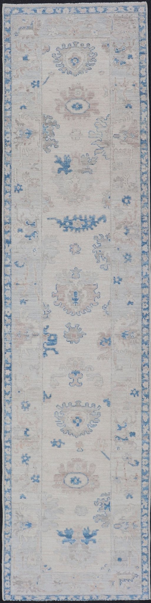 Measures: 2'11 x 12'11 Modern Oushak All - Over Floral Design Runner In Cream, Tan, and Blue. Keivan Woven Arts; rug AWR - 12597 Country of Origin: Afghanistan Type: Oushak Circa 2020 Key Words: Medallion Oushak Runner. This runner starts in th... - Keivan Woven ArtsAWR - 12597 - 23318