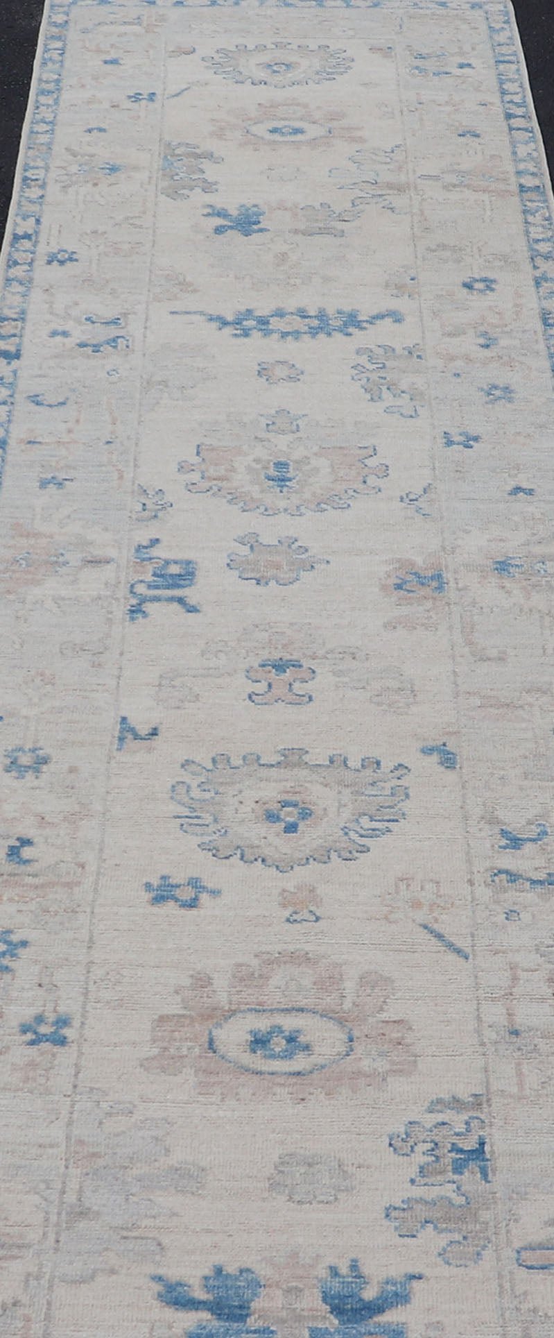 Measures: 2'11 x 12'11 Modern Oushak All - Over Floral Design Runner In Cream, Tan, and Blue. Keivan Woven Arts; rug AWR - 12597 Country of Origin: Afghanistan Type: Oushak Circa 2020 Key Words: Medallion Oushak Runner. This runner starts in th... - Keivan Woven ArtsAWR - 12597 - 23318Rug