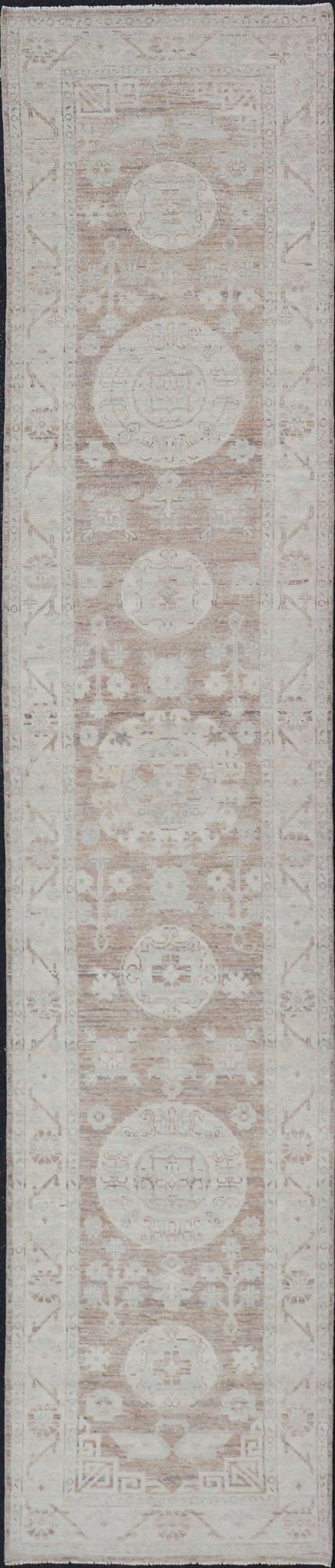 Measures: 2'9 x 14'4 Khotan Design Runner with All - Over Geometric - Circle Medallion Pattern. AWR - 12602 / rug/AWR - 12602 country of origin / type: Afghanistan / Khotan This Khotan features a geometric all - over circle design flanked by a repeati... - Keivan Woven ArtsAWR - 12602 - 23324