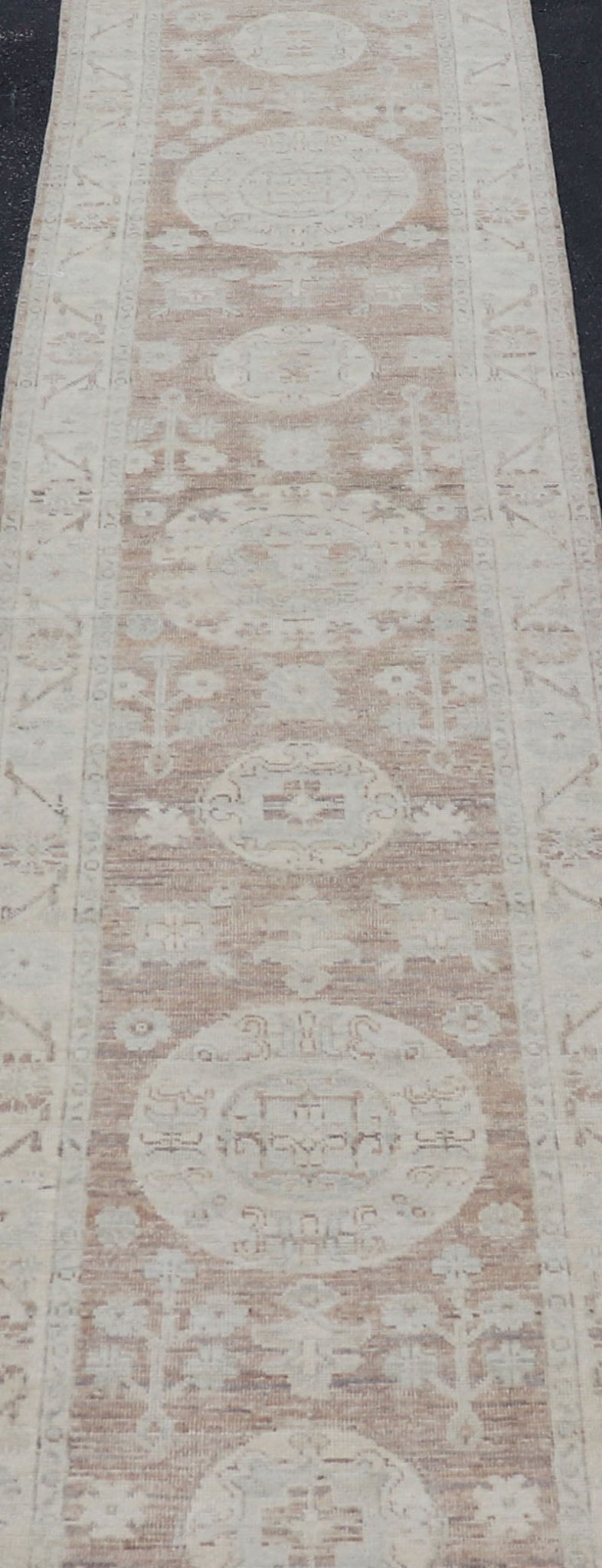 Measures: 2'9 x 14'4 Khotan Design Runner with All - Over Geometric - Circle Medallion Pattern. AWR - 12602 / rug/AWR - 12602 country of origin / type: Afghanistan / Khotan This Khotan features a geometric all - over circle design flanked by a repeati... - Keivan Woven ArtsAWR - 12602 - 23324