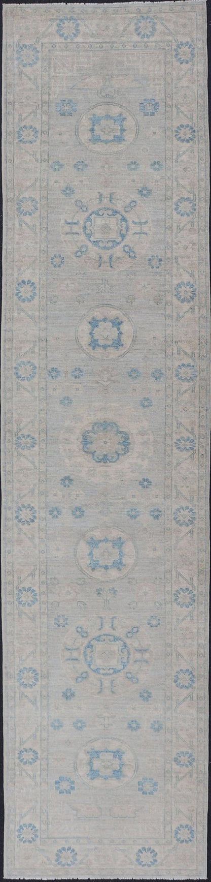 Measures: 2'11 x 13'3 Modern Oushak Medallion Design Runner In Blue & Earthy Colors With Medallions. Keivan Woven Arts; rug AWR - 12603 Country of Origin: Afghanistan Type: Oushak Circa 2020 Key Words: Medallion Oushak Runner. Decorative motifs c... - Keivan Woven ArtsAWR - 12603 - 23330Rug