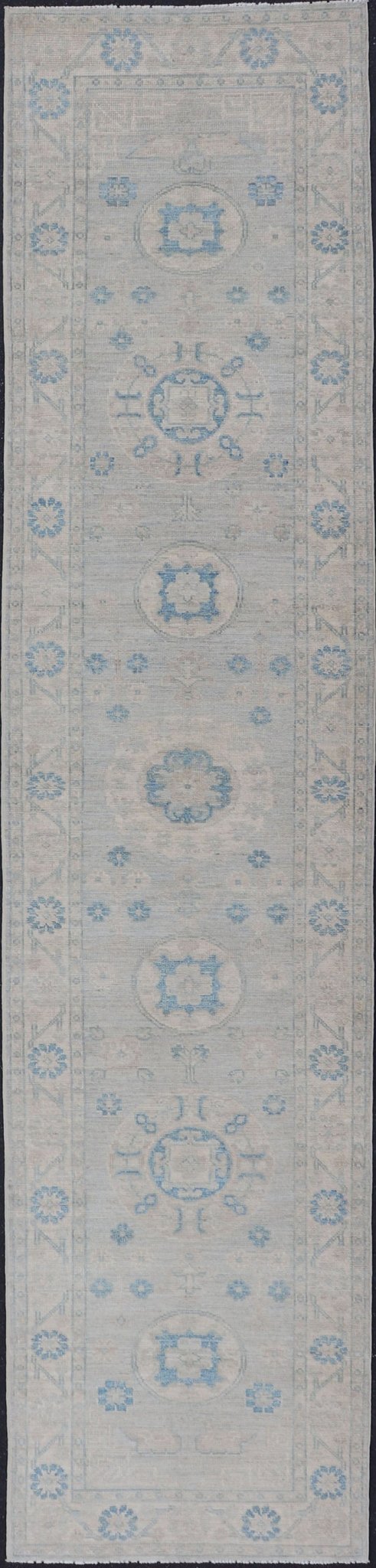 Measures: 2'11 x 13'3 Modern Oushak Medallion Design Runner In Blue & Earthy Colors With Medallions. Keivan Woven Arts; rug AWR - 12603 Country of Origin: Afghanistan Type: Oushak Circa 2020 Key Words: Medallion Oushak Runner. Decorative motifs c... - Keivan Woven ArtsAWR - 12603 - 23330Rug