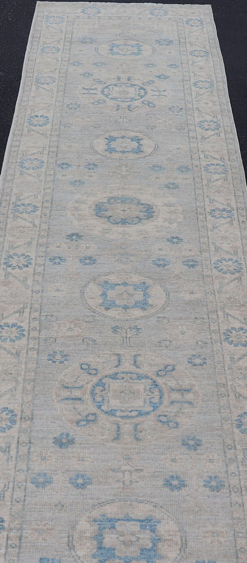 Measures: 2'11 x 13'3 Modern Oushak Medallion Design Runner In Blue & Earthy Colors With Medallions. Keivan Woven Arts; rug AWR - 12603 Country of Origin: Afghanistan Type: Oushak Circa 2020 Key Words: Medallion Oushak Runner. Decorative motifs c... - Keivan Woven ArtsAWR - 12603 - 23330Rug