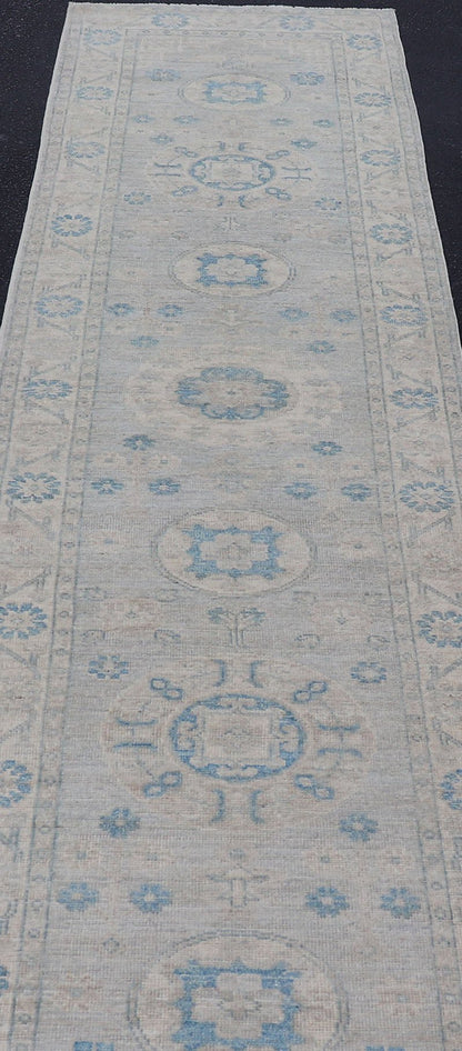 Measures: 2'11 x 13'3 Modern Oushak Medallion Design Runner In Blue & Earthy Colors With Medallions. Keivan Woven Arts; rug AWR - 12603 Country of Origin: Afghanistan Type: Oushak Circa 2020 Key Words: Medallion Oushak Runner. Decorative motifs c... - Keivan Woven ArtsAWR - 12603 - 23330Rug