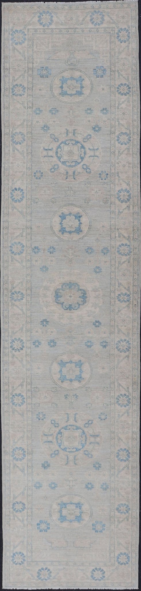 Measures: 2'11 x 13'3 Modern Oushak Medallion Design Runner In Blue & Earthy Colors With Medallions. Keivan Woven Arts; rug AWR - 12603 Country of Origin: Afghanistan Type: Oushak Circa 2020 Key Words: Medallion Oushak Runner. Decorative motifs c... - Keivan Woven ArtsAWR - 12603 - 23330