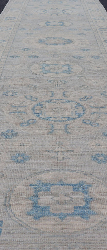 Measures: 2'11 x 13'3 Modern Oushak Medallion Design Runner In Blue & Earthy Colors With Medallions. Keivan Woven Arts; rug AWR - 12603 Country of Origin: Afghanistan Type: Oushak Circa 2020 Key Words: Medallion Oushak Runner. Decorative motifs c... - Keivan Woven ArtsAWR - 12603 - 23330Rug