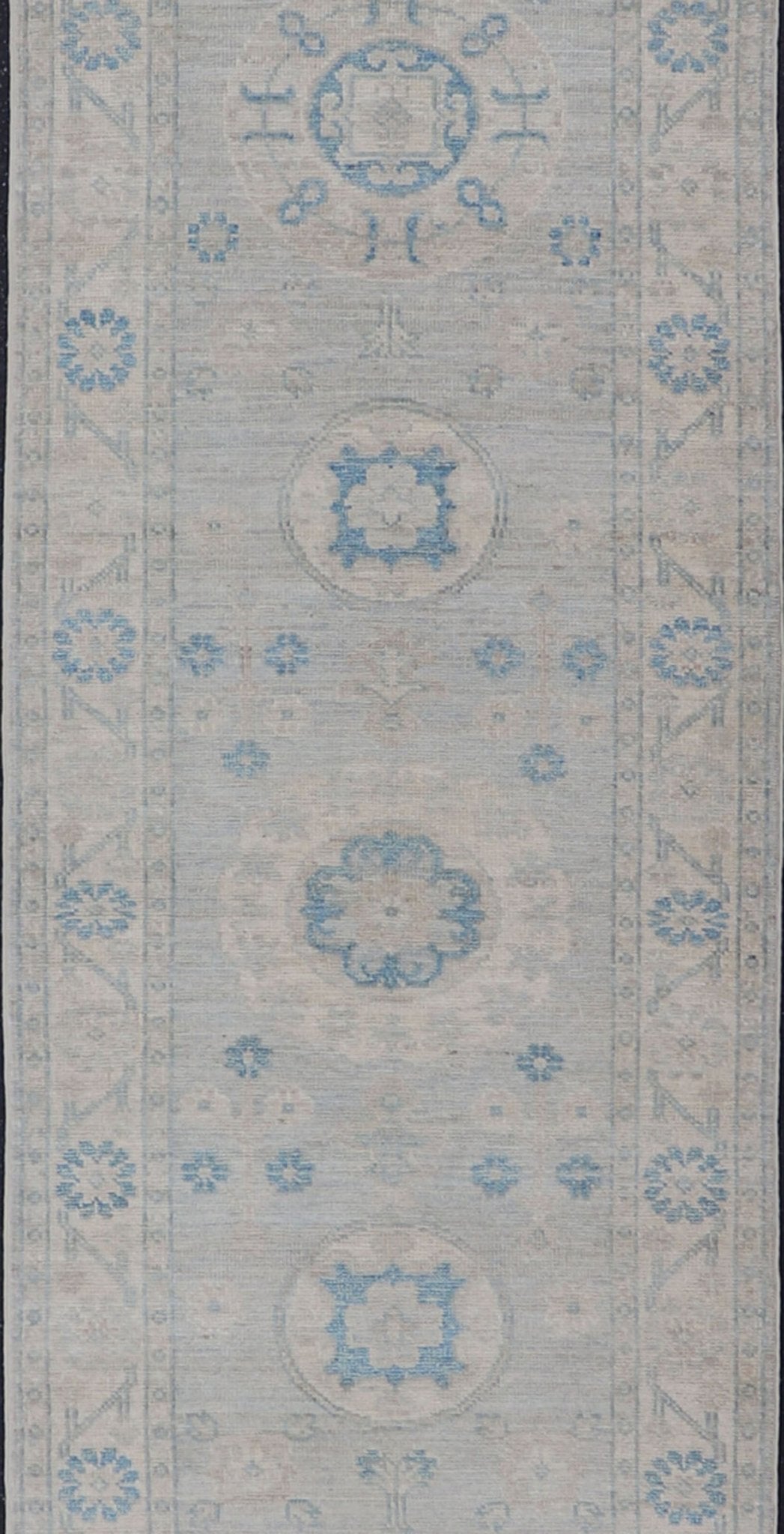 Measures: 2'11 x 13'3 Modern Oushak Medallion Design Runner In Blue & Earthy Colors With Medallions. Keivan Woven Arts; rug AWR - 12603 Country of Origin: Afghanistan Type: Oushak Circa 2020 Key Words: Medallion Oushak Runner. Decorative motifs c... - Keivan Woven ArtsAWR - 12603 - 23330Rug