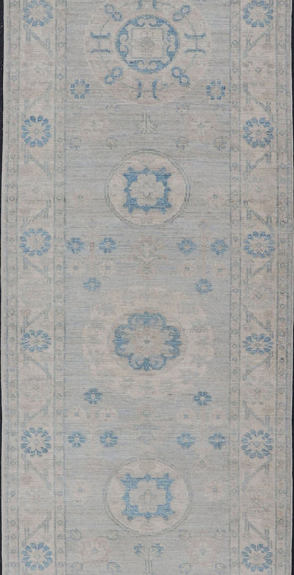 Measures: 2'11 x 13'3 Modern Oushak Medallion Design Runner In Blue & Earthy Colors With Medallions. Keivan Woven Arts; rug AWR - 12603 Country of Origin: Afghanistan Type: Oushak Circa 2020 Key Words: Medallion Oushak Runner. Decorative motifs c... - Keivan Woven ArtsAWR - 12603 - 23330Rug