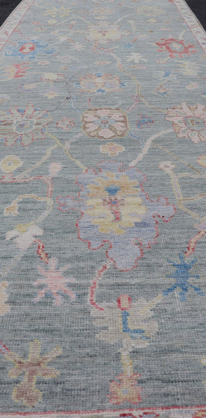 Measures: 3'3 x 11'7 Modern Floral Oushak Runner In Light Grey Background With All - Over Design. Keivan Woven Arts; rug AWR - 12616 Country of Origin: Afghanistan Type: Oushak Design: All - Over, Floral. This hand - knotted Oushak runner has a very... - Keivan Woven ArtsAWR - 12616 - 23336Rug