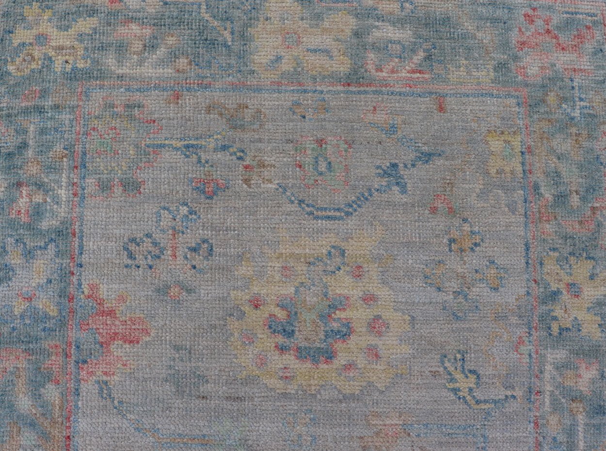 Measures: 2'5 x 9'10 Hand - Knotted Modern Oushak Runner on Light Gray Field and Colorful Motifs. Keivan Woven Arts; rug AWR - 12648 Country of Origin: Afghanistan Type: Oushak Design: Floral, All - Over, Arabesque 21st Century This Oushak runner... - Keivan Woven ArtsAWR - 12648 - 23348Rug