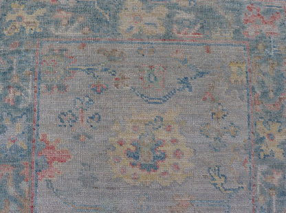 Measures: 2'5 x 9'10 Hand - Knotted Modern Oushak Runner on Light Gray Field and Colorful Motifs. Keivan Woven Arts; rug AWR - 12648 Country of Origin: Afghanistan Type: Oushak Design: Floral, All - Over, Arabesque 21st Century This Oushak runner... - Keivan Woven ArtsAWR - 12648 - 23348Rug