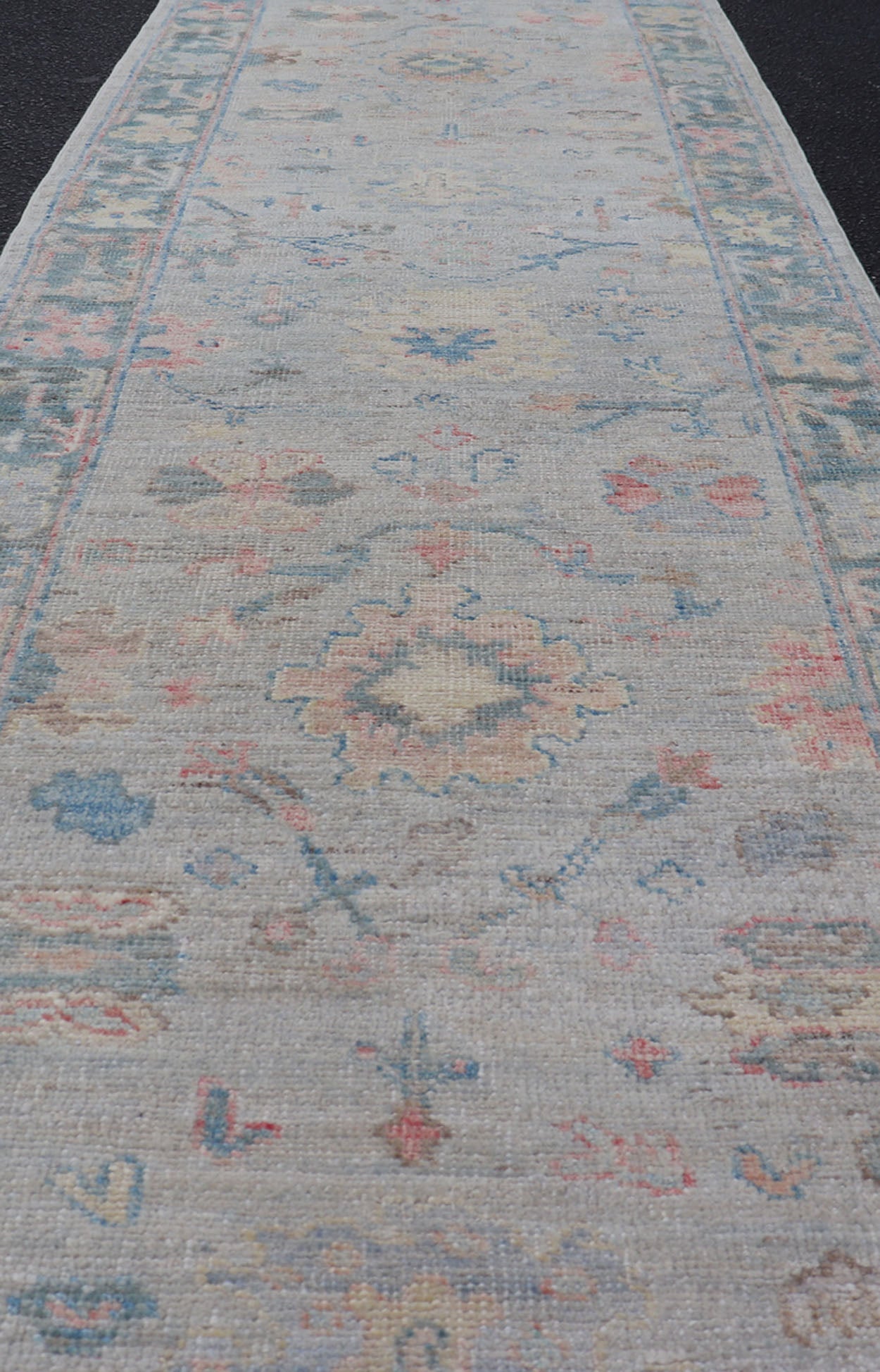 Measures: 2'5 x 9'10 Hand - Knotted Modern Oushak Runner on Light Gray Field and Colorful Motifs. Keivan Woven Arts; rug AWR - 12648 Country of Origin: Afghanistan Type: Oushak Design: Floral, All - Over, Arabesque 21st Century This Oushak runner... - Keivan Woven ArtsAWR - 12648 - 23348Rug