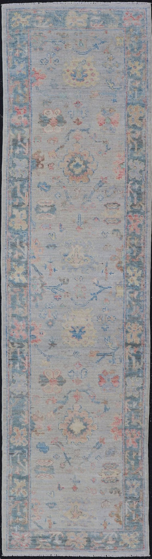 Measures: 2'5 x 9'10 Hand - Knotted Modern Oushak Runner on Light Gray Field and Colorful Motifs. Keivan Woven Arts; rug AWR - 12648 Country of Origin: Afghanistan Type: Oushak Design: Floral, All - Over, Arabesque 21st Century This Oushak runner... - Keivan Woven ArtsAWR - 12648 - 23348Rug